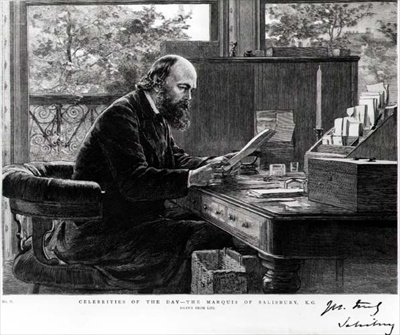 Portrett av Robert Arthur Talbot Gascoyne Cecil (1830-1903) markisen av Salisbury, tegnet fra livet, fra en serie som skildrer "Dagens kjendiser" av English School