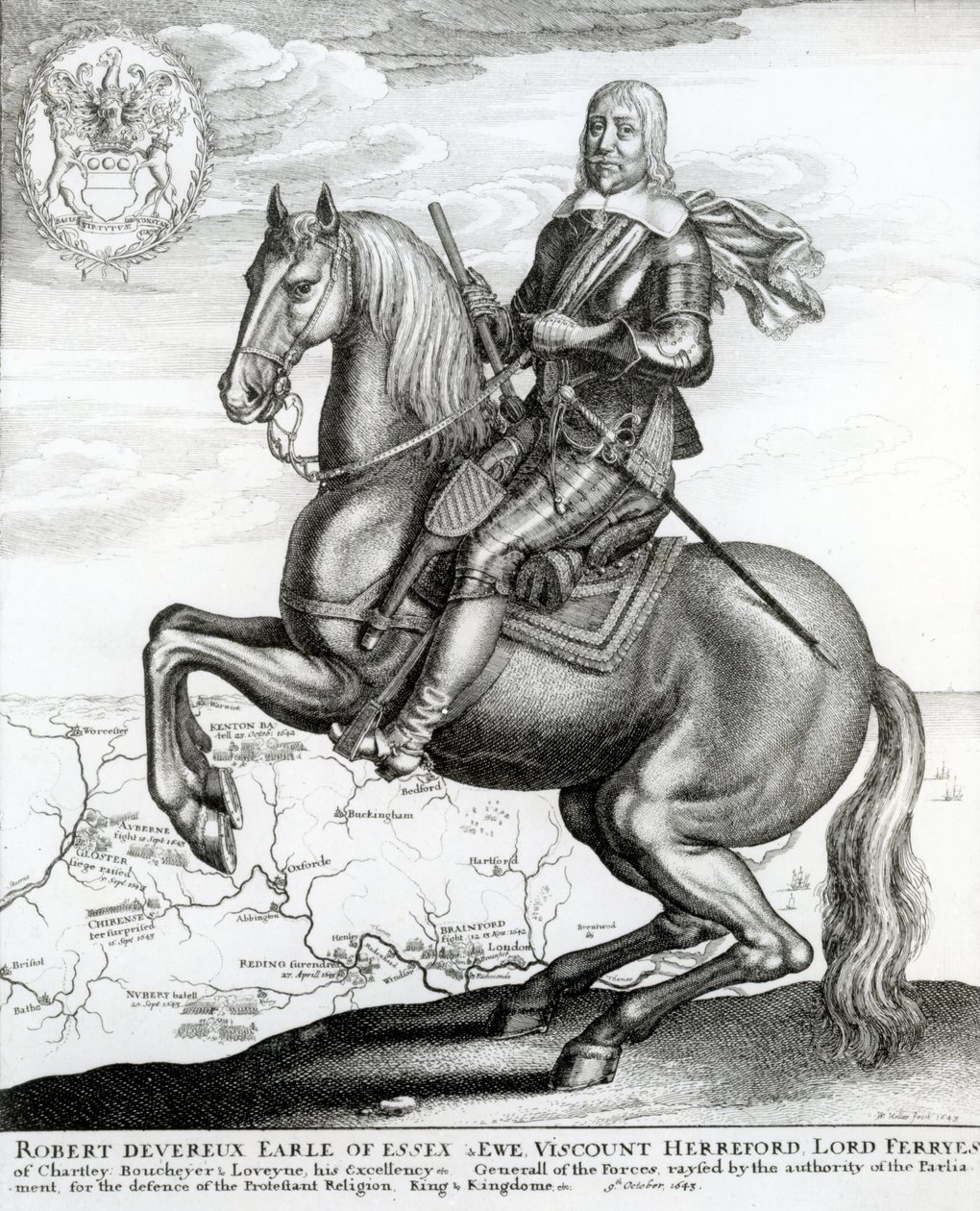 Portrett av Robert Devereux på hesteryggen av English School