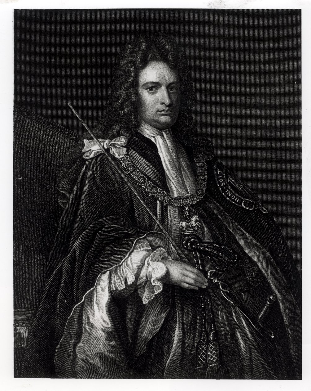Portrett av Robert Harley, første jarl av Oxford (1671-1724) (gravering) (bw-foto) av English School