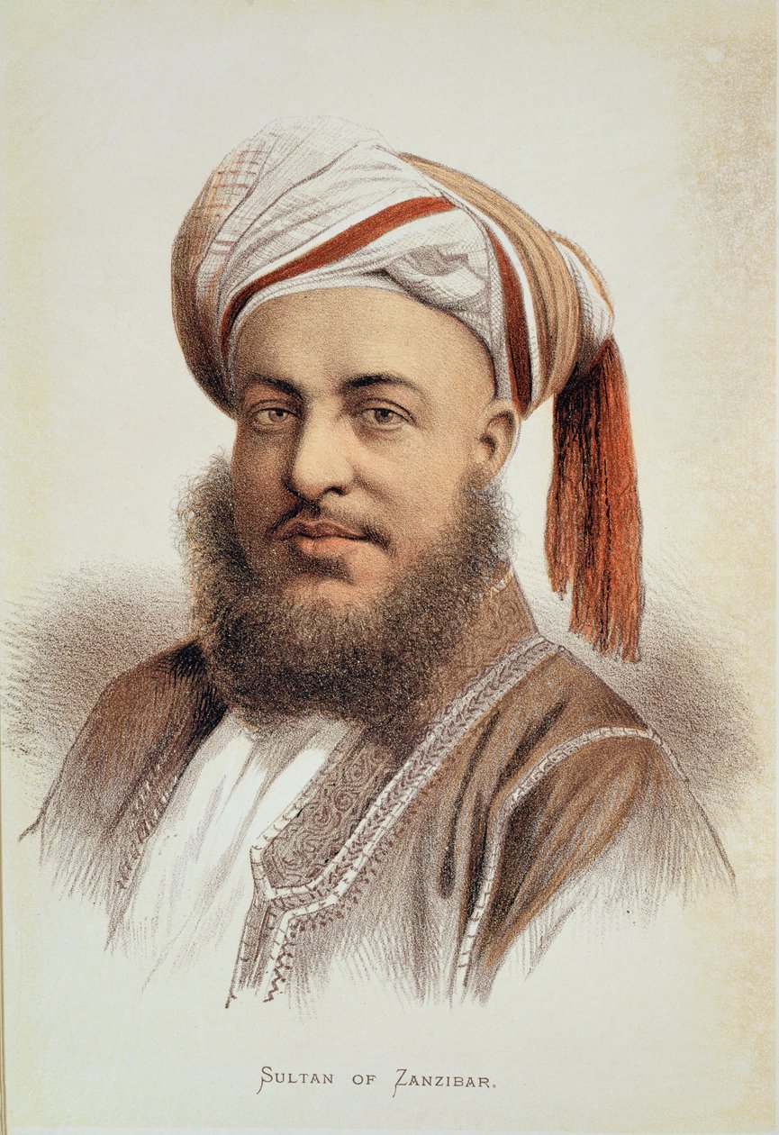 Portrett av Sayyid Barghash (ca. 1834-88), Sultanen av Zanzibar (litho i farge) av English School