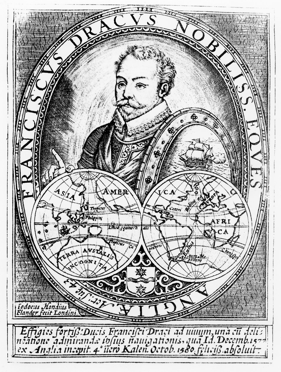 Portrett av Sir Francis Drake (ca. 1540-96) i en alder av 43, gravert av Jodocus Hondius (1567-1611) av English School