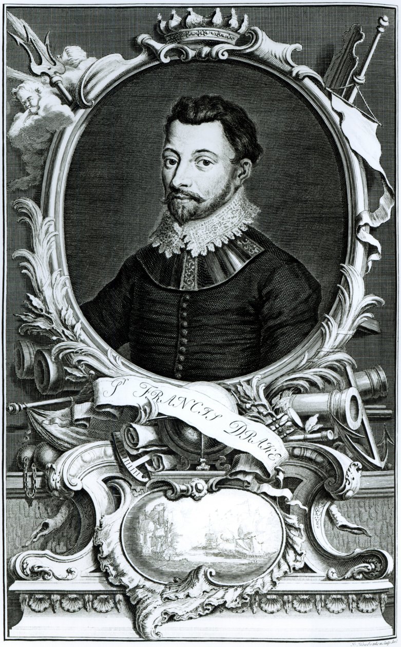 Portrett av Sir Francis Drake (ca. 1540-96) gravert av Jacobus Houbraken (1698-1780) (gravering) (bw-foto) av English School