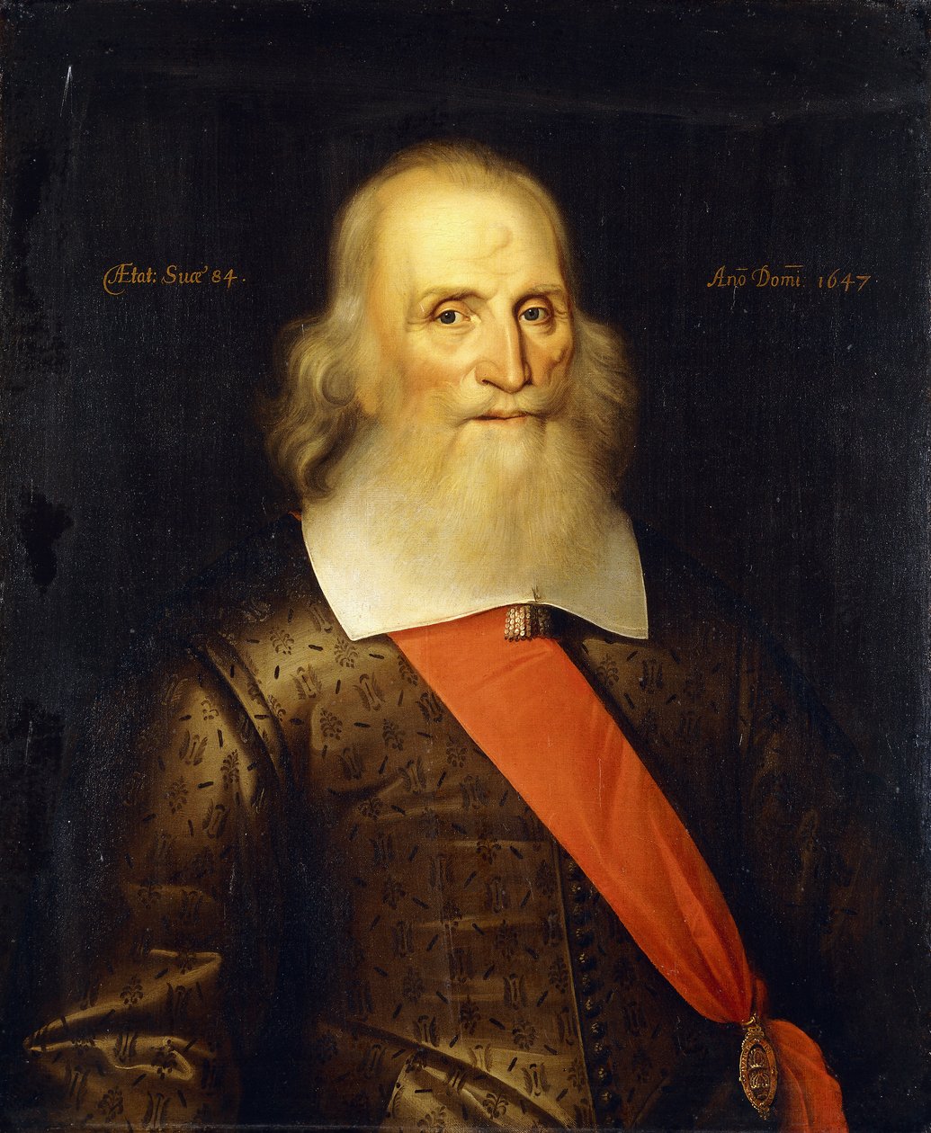 Portrett av Sir Oliver Cromwell, 84 år gammel, halv lengde, i en brodert dublett med hvit krage og rød ramme, 1647 av English School
