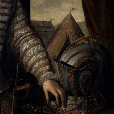 Portrett av Sir Robert Dudley, jarl av Leicester (ca. 1532-88) 1500-tallet (olje på lerret) (detalj) av English School
