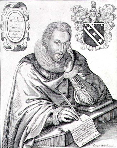 Portrett av Sir Thomas Overbury (1581-1613) som skriver ut gravskriftet sitt, gravert av Renold Elstrack (1571-c.1630) 1613 (gravering) av English School