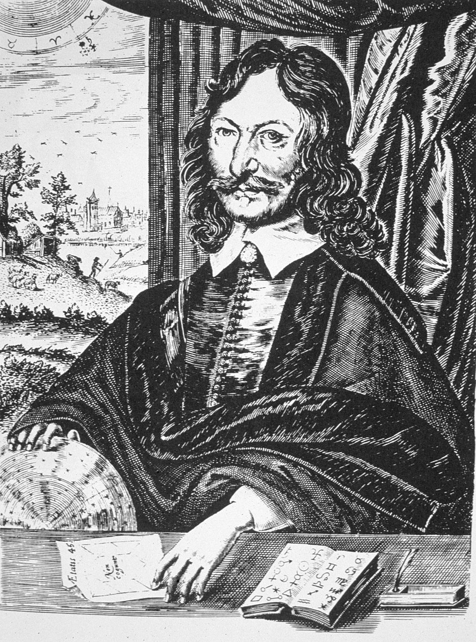 Portrett av William Lilly (1602-81), fra hans Christian Astrology, London 1647, illustrert i History of Magic, utgitt sent på 1800-tallet av English School