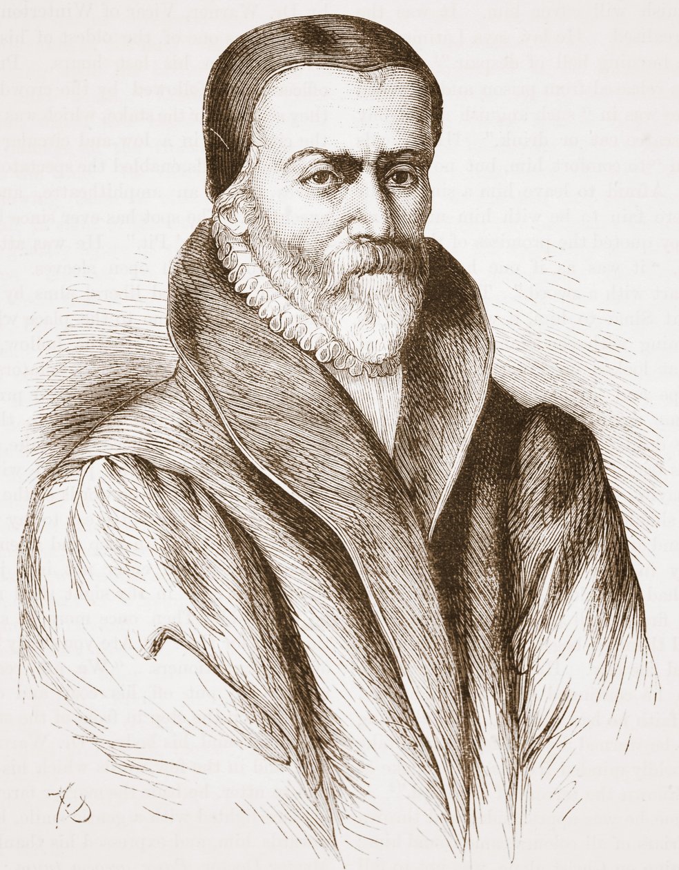 Portrett av William Tyndale (fra en gammel gravering i Bibliotheque Nationale), illustrasjon fra The History of Protestantism av James Aitken Wylie (1808-1890), pub. 1878 av English School