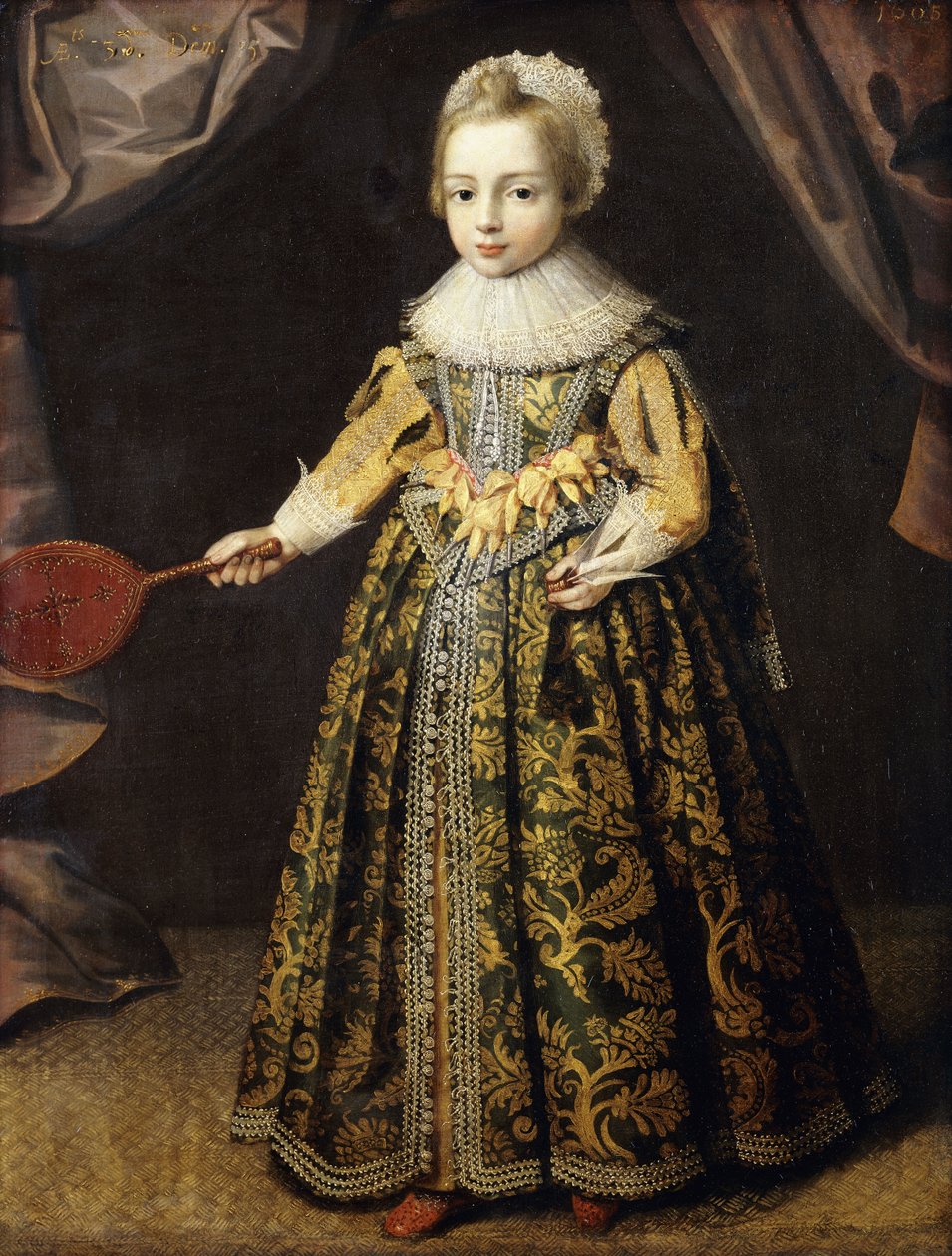 Portrett av en gutt, 3 år, stående i full lengde i en grønn kjole brodert med gull, en blondehette og ruff, holder en Battledore og fjerbolle, 1605 av English School