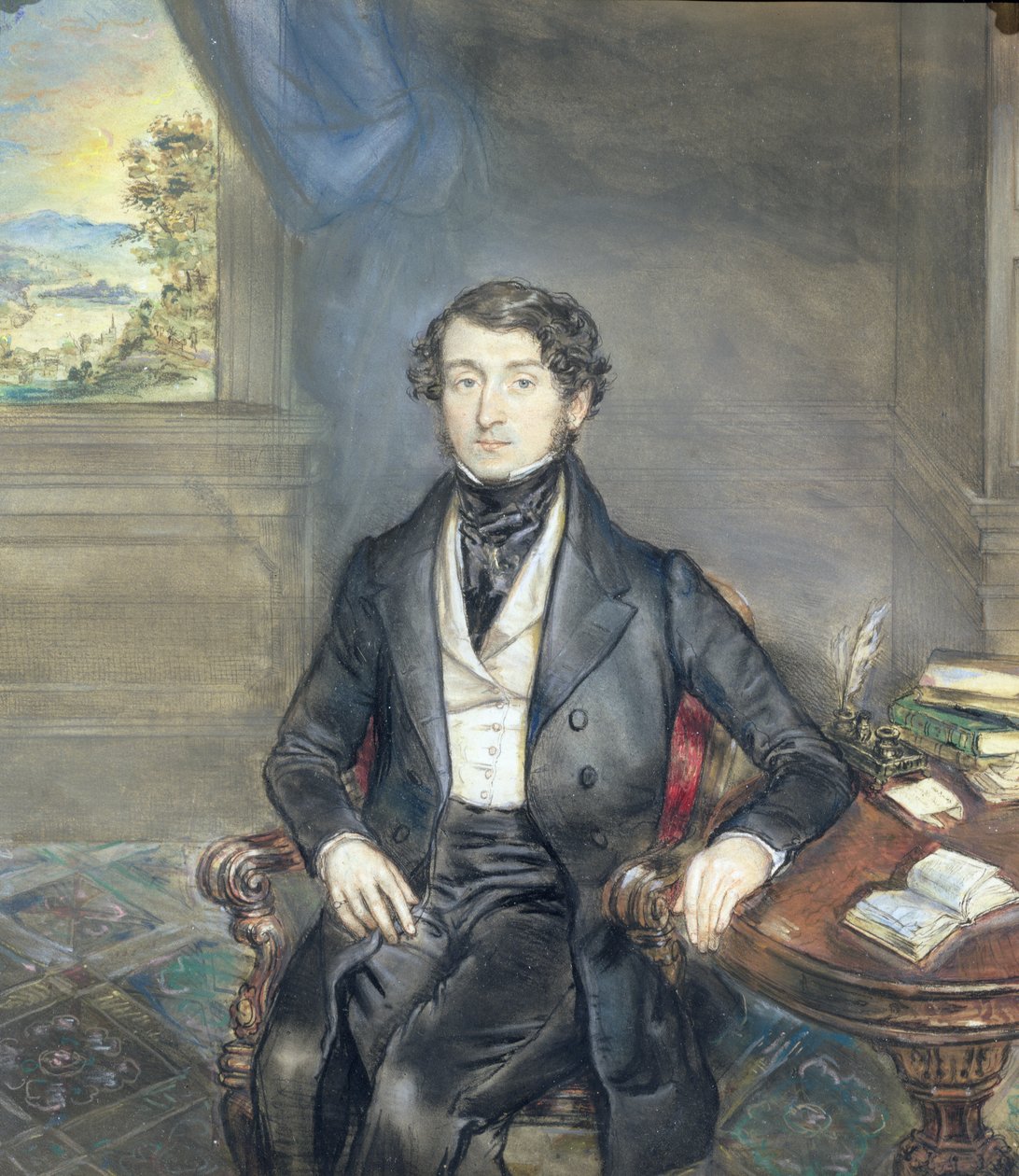 Portrett av en gentleman i et interiør, ca. 1830 (for par, se 126403) av English School