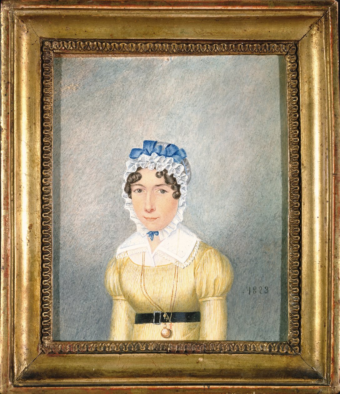 Portrett av en dame med en gylden medaljon, 1823 (gouache og wc på papir) av English School