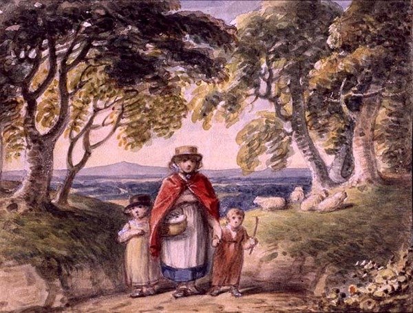 Portrait of a Woman and Two Children in a Woodland Landscape, ca. 1820 (akvarell på papir) av English School