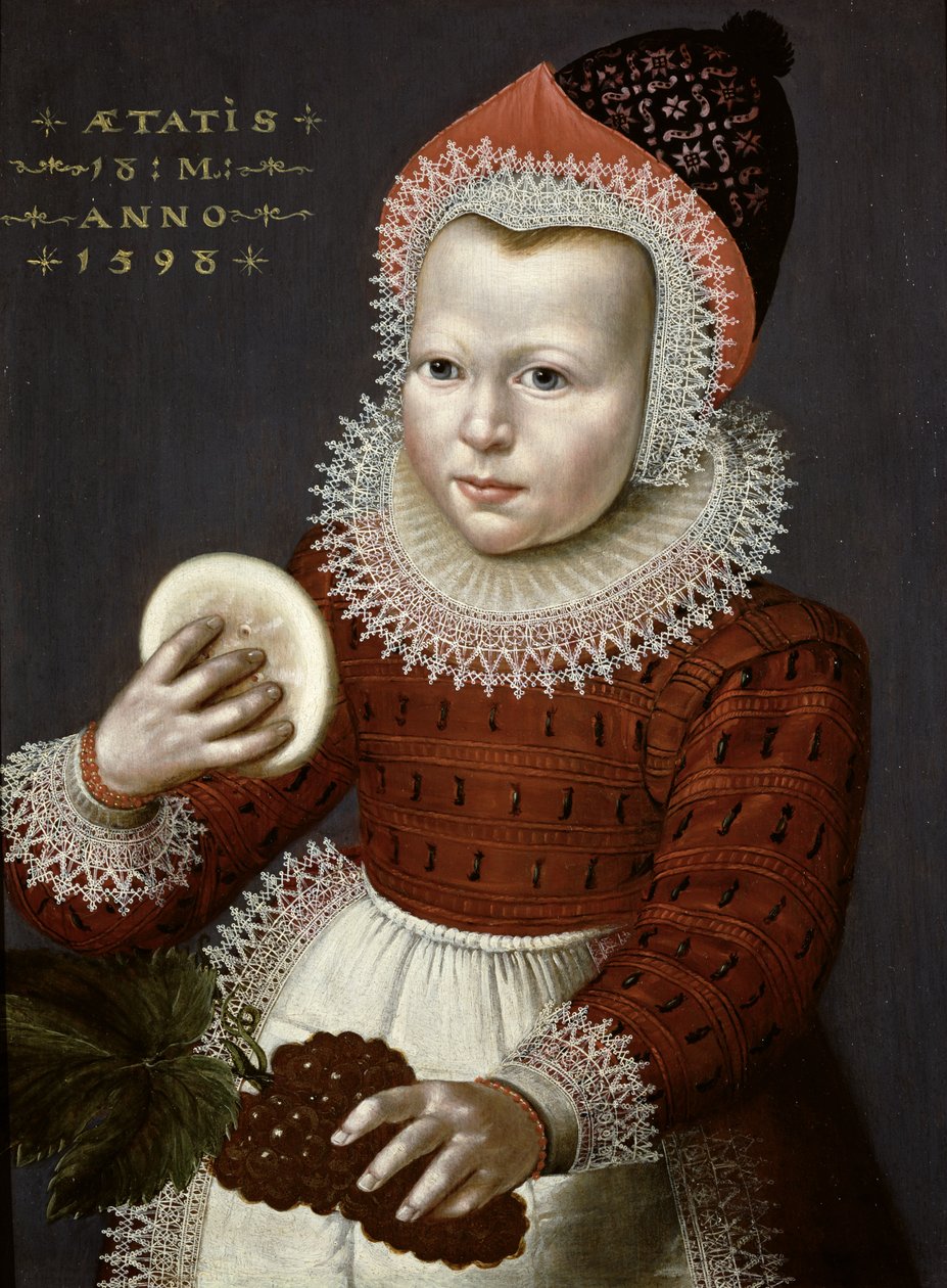 Portrett av en ung jente som holder brød og druer, 1598 av English School