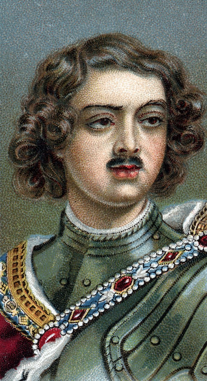 Portrett av den engelske keiseren Peter den store, Peter I eller Pjotr Aleksijevitsj Romanov - Peter I den store - Fra serien "" Leaders of Men"" - Chromolithography - English School, 20. århundre - av English School