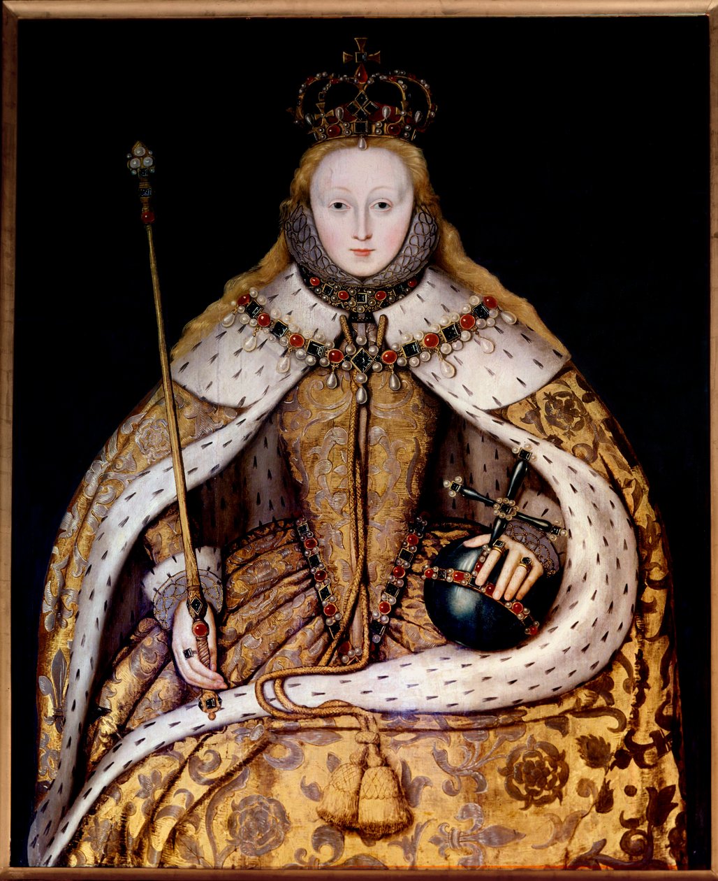 Portrett av dronning Elisabeth I i kroningskappe, ca. 1600 (olje på panel) (olje på lerret) av English School
