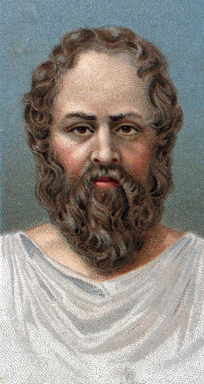 Portrett av den greske filosofen Sokrates (469-399 f.Kr.) Sokrates - - Fra serien "" Leaders of Men"" - Chromolithography - English School, 20. århundre - av English School