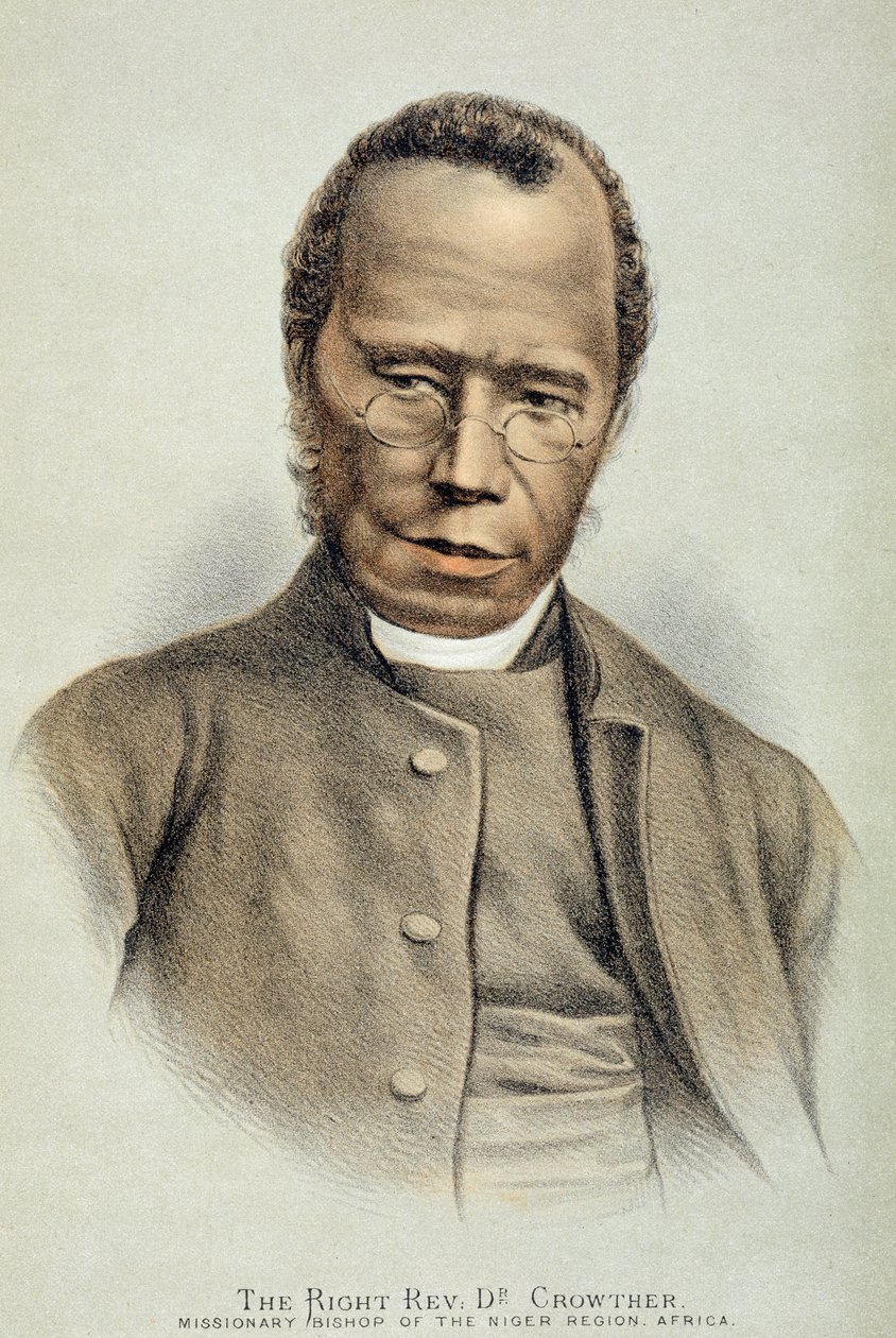 Portrett av den høyre pastor Dr. Samuel Adjai Crowther (ca. 1800-91) (litho-farge) av English School