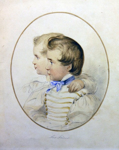 Portrett av to brødre i militærdrakt, ca. 1840 (akvarell på papir) av English School