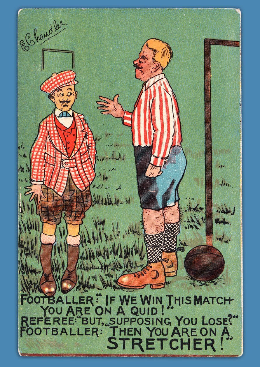 Postkort som viser en karikatur av en spansk fotballspiller av English School