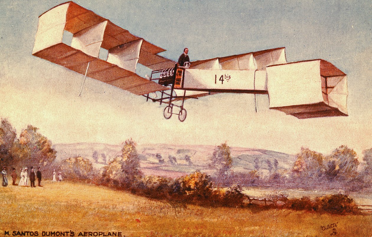 Postkort som viser Santos-Dumont 14-bis-flyet, ca. 1910 av English School