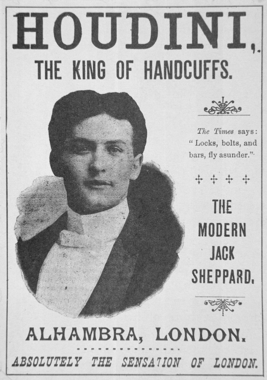 Plakat som reklamerer for en forestilling av Houdini på Alhambra, London (trykk) av English School