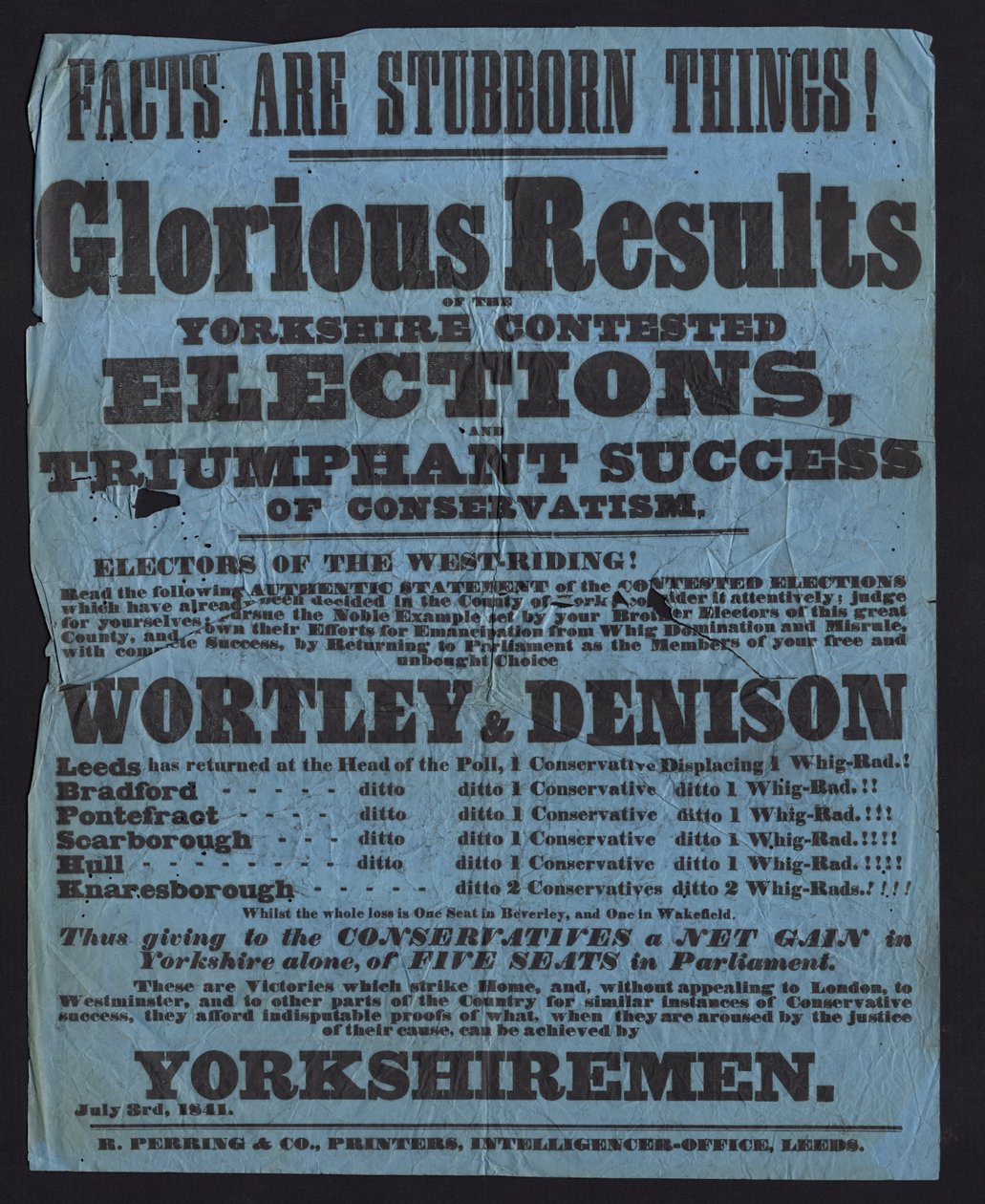 Plakat som feirer seier til konservative kandidater i parlamentsvalget i Yorkshire av English School