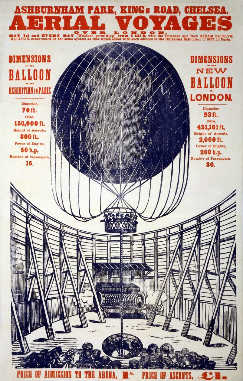 Plakat som promoterer "Aerial Voyages over London", pub . 1867 (fargelitografi) av English School