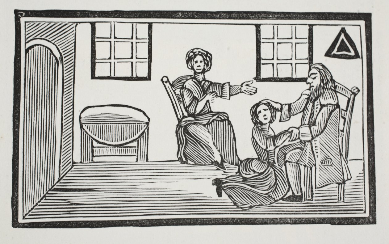 Pretty Bessie mottar farens velsignelse når hun skal søke sitt eget levebrød, illustrasjon fra Chap-books of the Eighteenth Century av John Ashton, pub. 1882 av English School