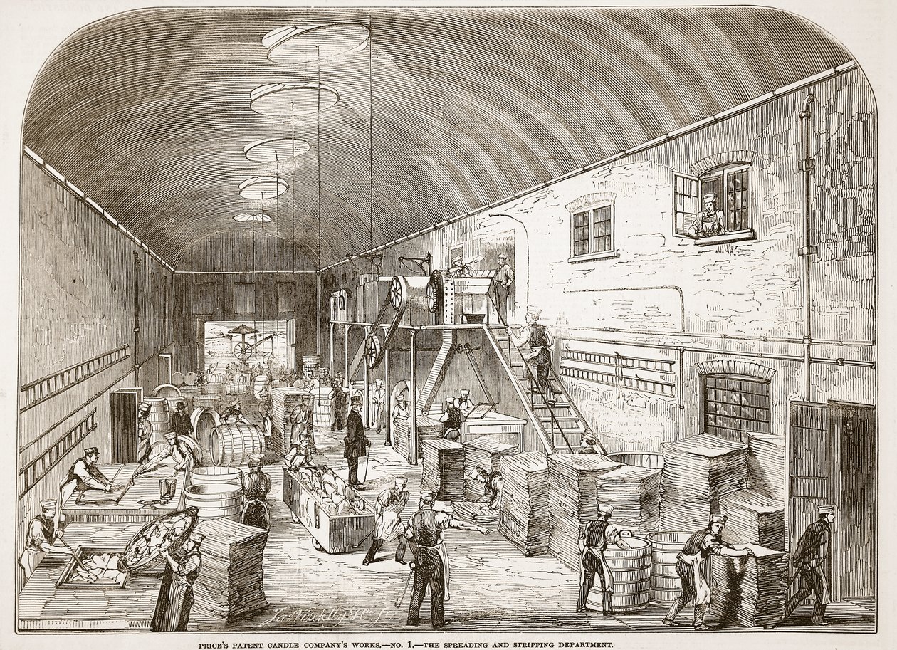Priser Patent Candle Companys Works, No.1: The Spreading and Stripping Department, fra The Illustrated London News, 1849 av English School