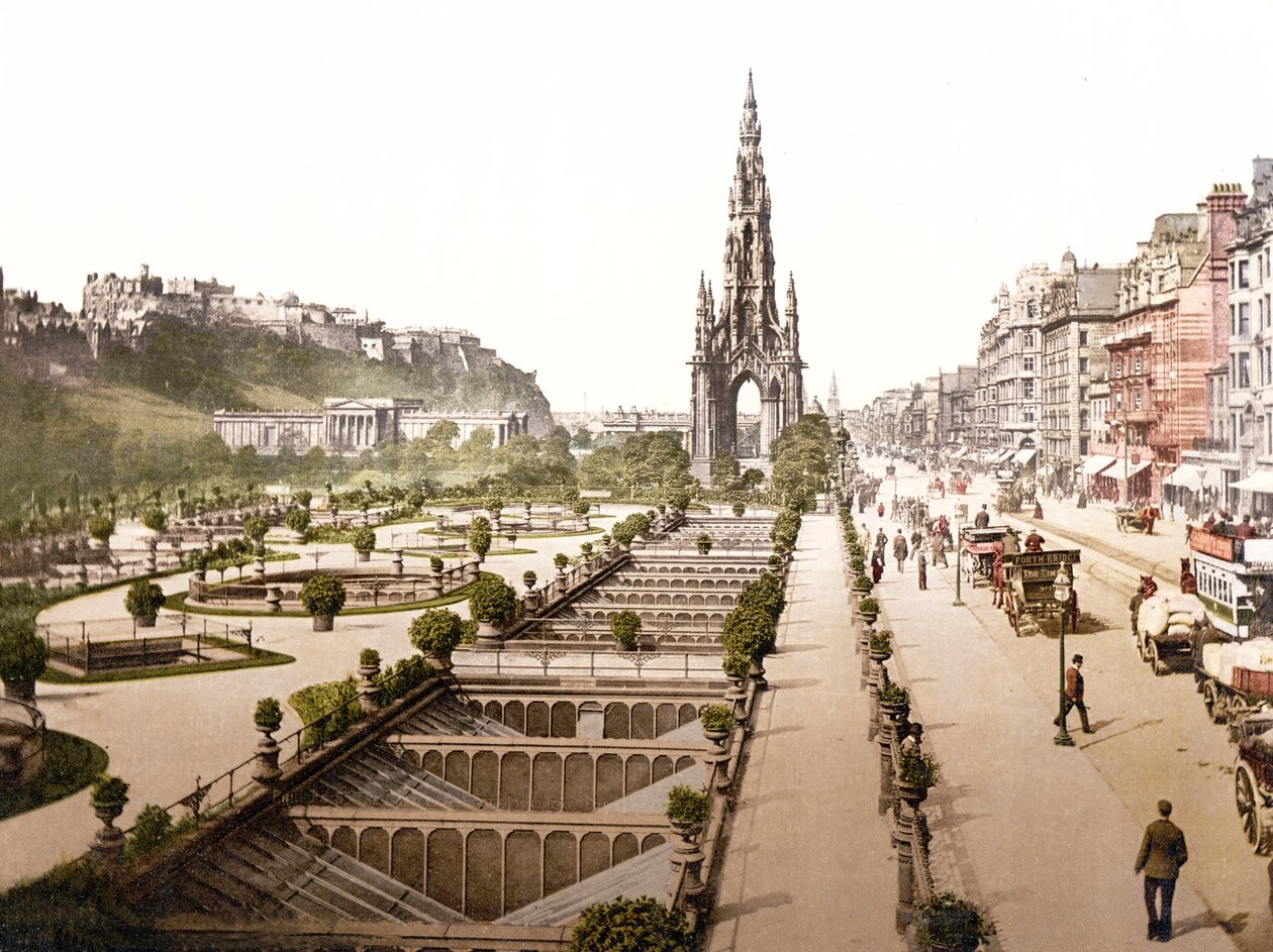Princes Street, Castle and Scott Monument, Edinburgh (håndfarget bilde) av English School