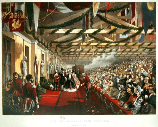 Prinsesse Alexandra av Danmark ankom London 7. mars 1863 på The Bricklayers Arms Station med sin fremtidige ektemann, prinsen av Wales. 1863 (farge litho) av English School