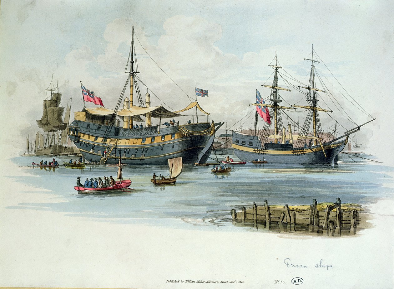 Fengselsskip brukt av britene under Napoleonskrigene til å huse franske fanger, 1805 (fargegravering) av English School