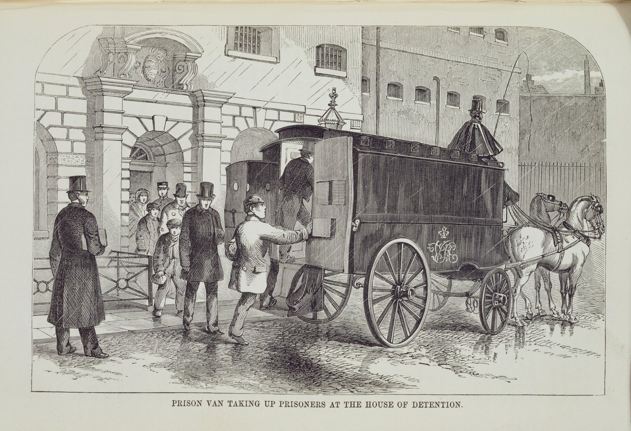 Prison Van tar opp fanger ved House of Detention, fra The Criminal Prisons of London and Scenes of Prison Life av Henry Mayhew (1812-87) og John Binny, 1862 av English School