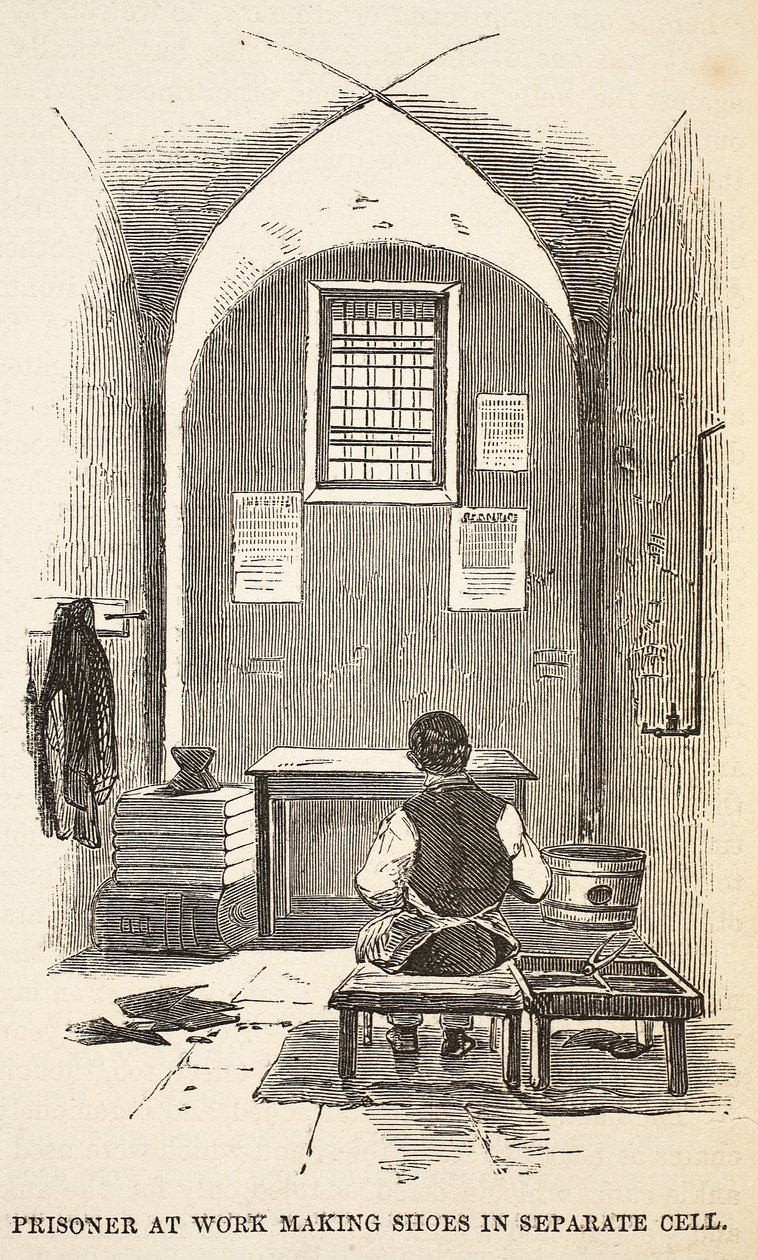 Fange på jobb som lager sko i separat celle, illustrasjon fra The Criminal Prisons of London og Scenes from Prison Life av Henry Mayhew og John Binny, pub. 1862 av English School