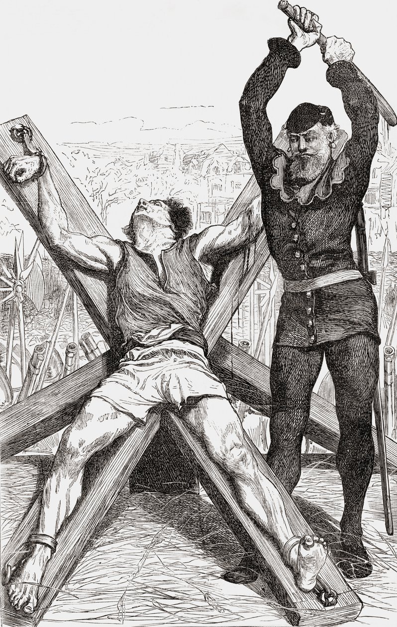 Fange blir torturert på St. Andrews Cross, ca. 1865 (tregravering) av English School