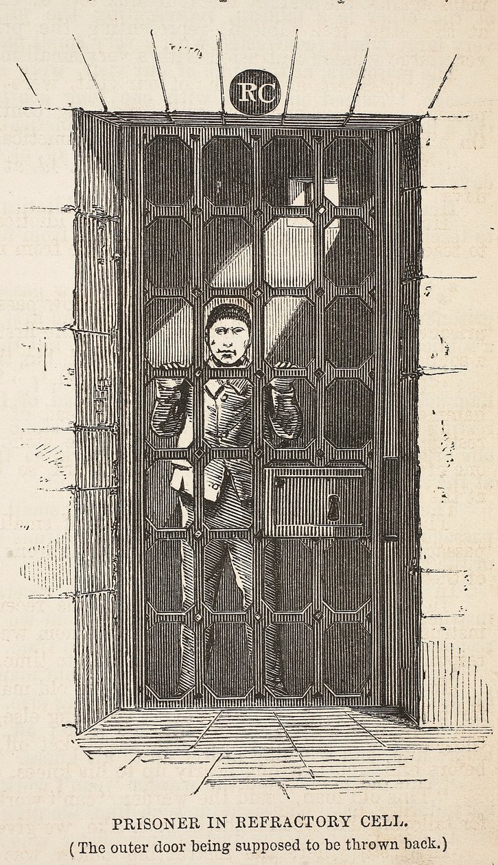 Prisoner in Refractory cell (ytterdøren er ment å bli kastet tilbake), illustrasjon fra The Criminal Prisons of London og Scenes from Prison Life av Henry Mayhew og John Binny, pub. 1862 (e av English School