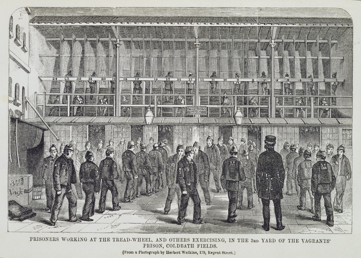 Fanger som arbeider ved tråkkehjulet og andre som trener i 3rd Yard of the Vagrants Prison, Coldbath Fields, fra The Criminal Prisons of London og Scenes of Prison Life av Henry Mayhew (1812- av English School