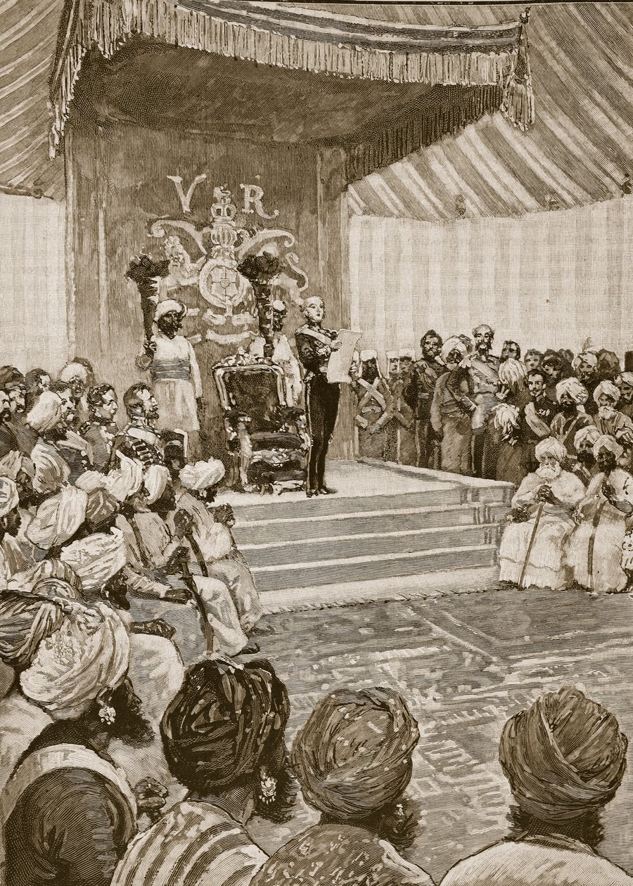 Proklamasjon av dronningen som keiserinne av India i 1877, illustrasjon fra Cassells Illustrated History of England (sepiafoto) av English School