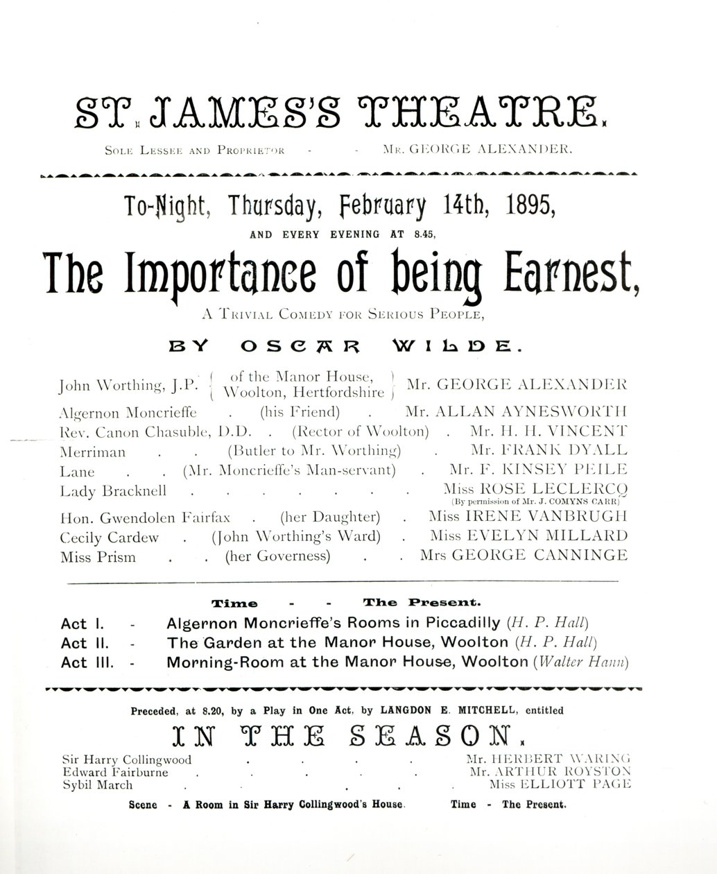 Program for en forestilling av The Importance of Being Earnest, av Oscar Wilde (1854-1900) på St. James Theatre, 14. februar 1895 av English School