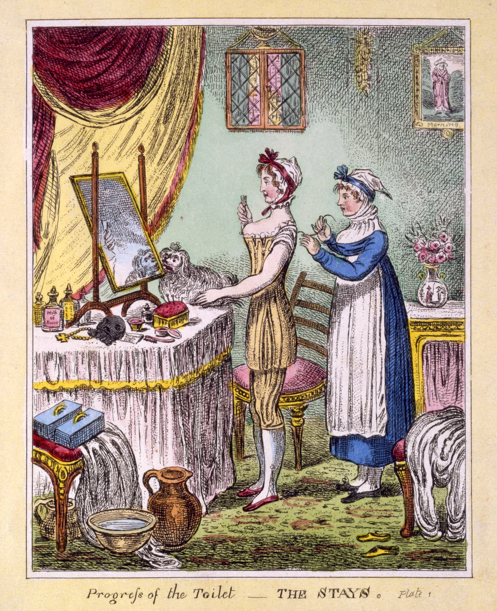 Progress of the Toilet - The Stays Plate 1, pub. av McCleary, London, 1810 (håndfarget gravering) av English School