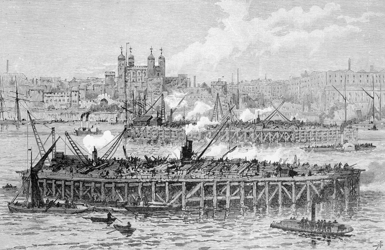 Progress of the Works of the Tower Bridge over the Thames av English School
