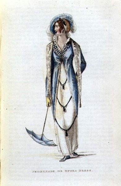 Promenade eller opera kjole, moteplate fra Ackermanns Repository of Arts (farget gravering) av English School