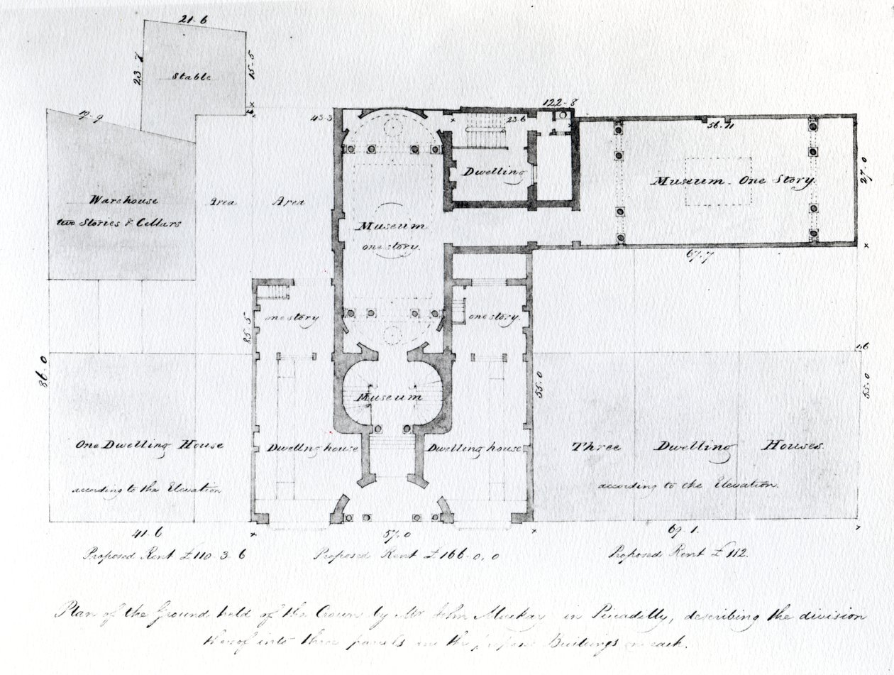 Foreslått planløsning for den egyptiske hallen, Picadilly, 1810 (blekk på papir) av English School