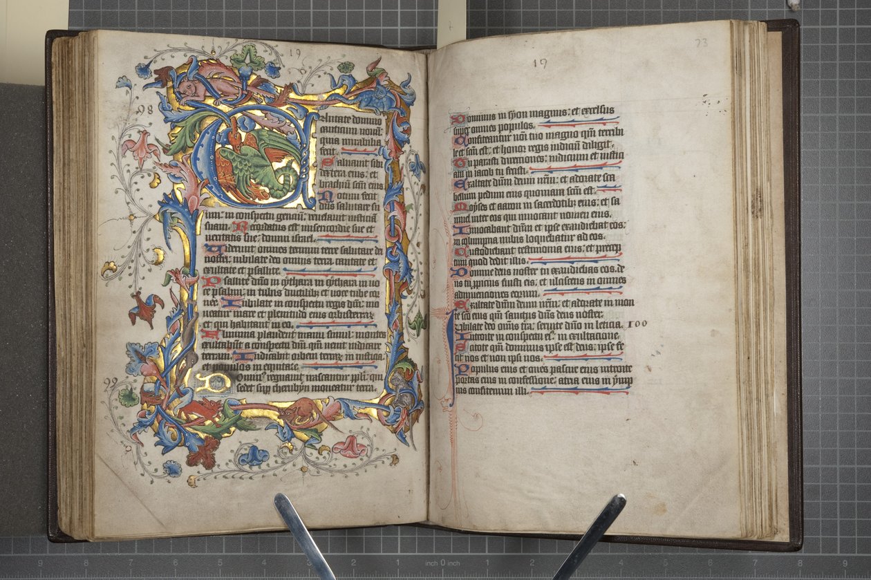 Psalter med Sarum brukskalender, Fol 72 verso fol 73 recto, c.1425-75 (blekk, maling og gull på vellum) av English School
