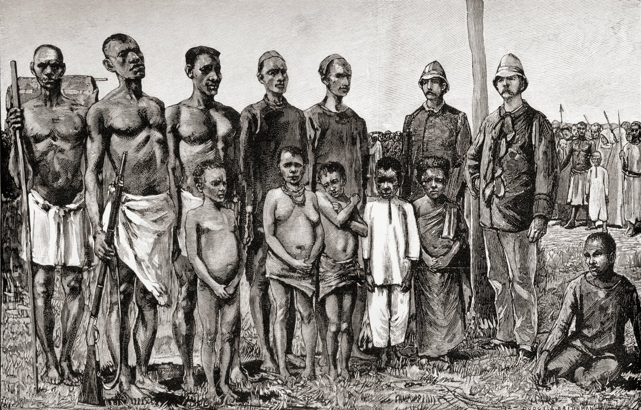 Pygmé-innfødte sammenlignet med engelske offiserer, sudanesere og zanzibaris, 1890 (tregravering) av English School