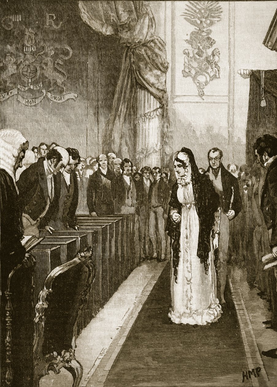 Dronning Caroline går inn i House of Lords, illustrasjon fra Cassells Illustrated History of England (sepiafoto) av English School