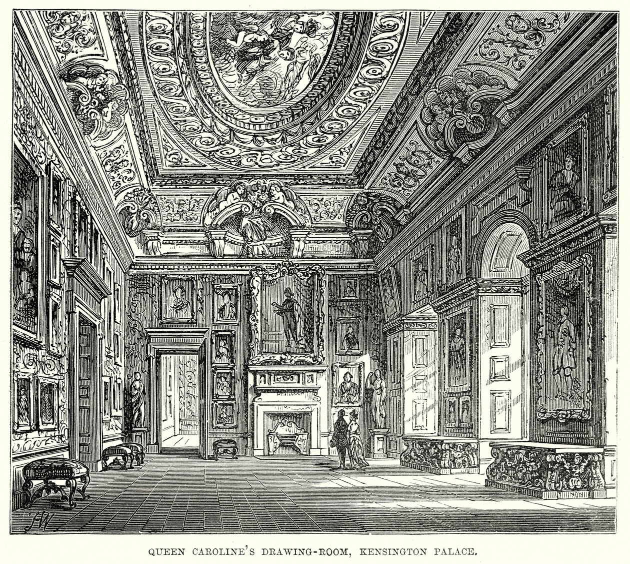 Dronning Carolines salong, Kensington Palace (gravering) av English School