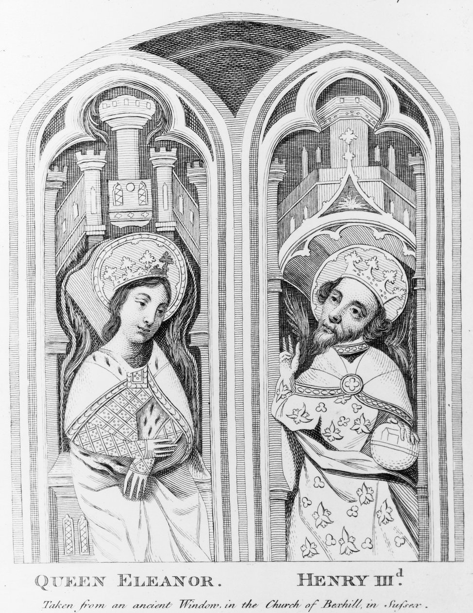 Dronning Eleanor og Henry III, tatt fra et eldgammelt vindu i Church of Boxhill, Sussex av English School