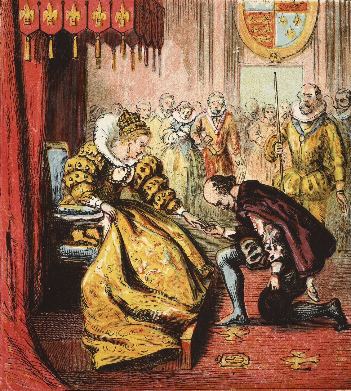 Dronning Elizabeth I og Shakespeare, pub. 1890 (fargegravering) av English School
