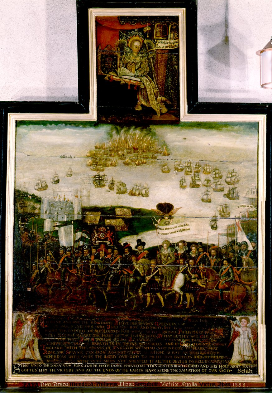 Dronning Elizabeth I ankommer Tilbury og det engelske nederlaget til den spanske armadaen i 1588 (olje på panel) av English School
