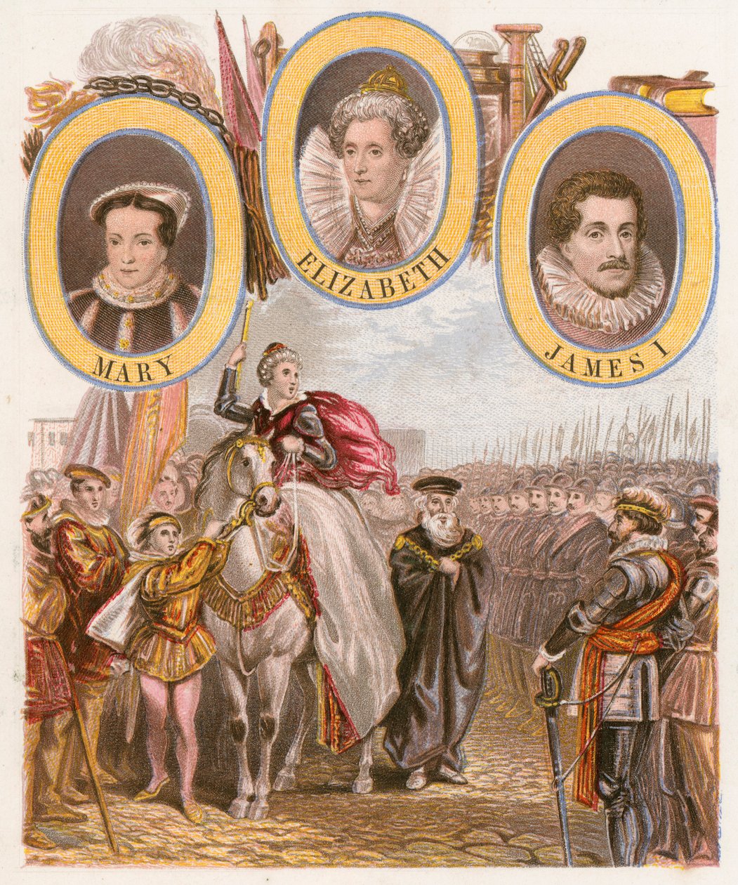 Dronning Elizabeth Is Armada-tale (farget gravering) av English School